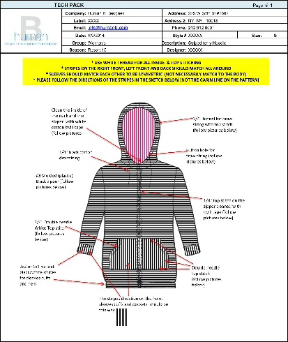 Annotated hoodie tech pack specification sheet